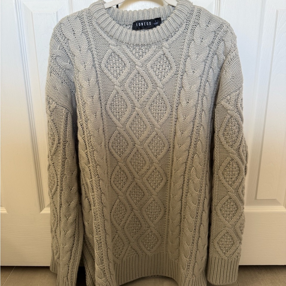 Lioness Light Gray Cable Knit Crewneck Sweater